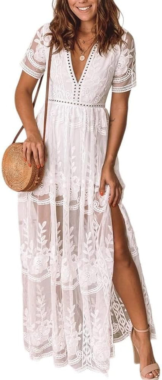 Women'S Deep V-Neck Lace Romper Short Sleeve Long Dress