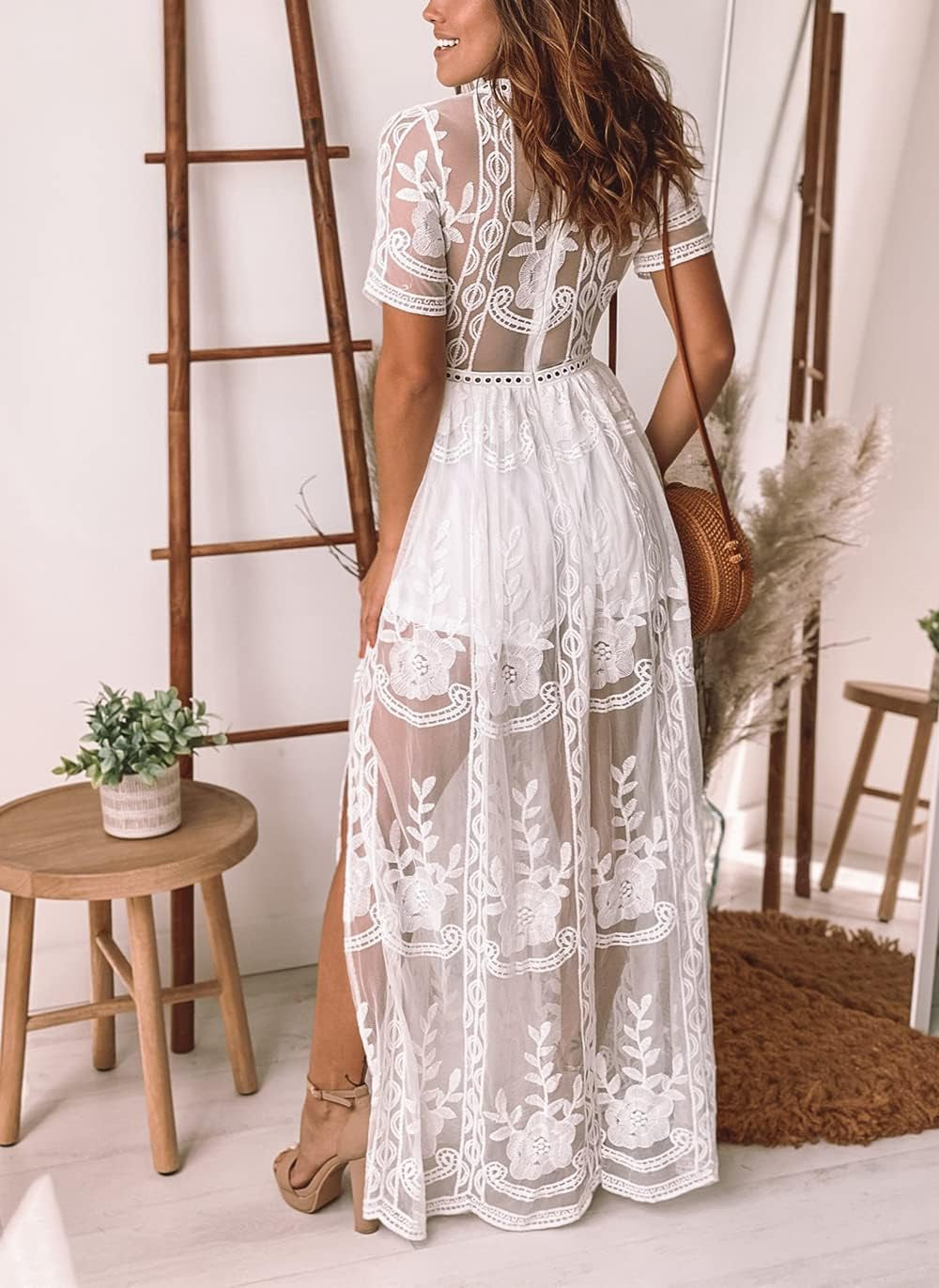 Women'S Deep V-Neck Lace Romper Short Sleeve Long Dress