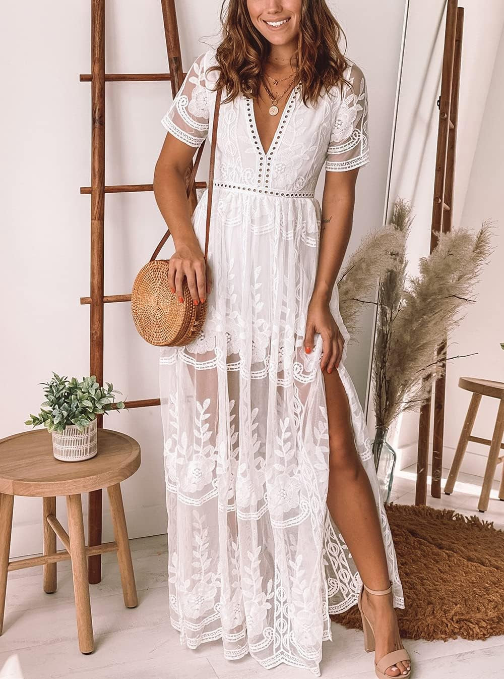 Women'S Deep V-Neck Lace Romper Short Sleeve Long Dress