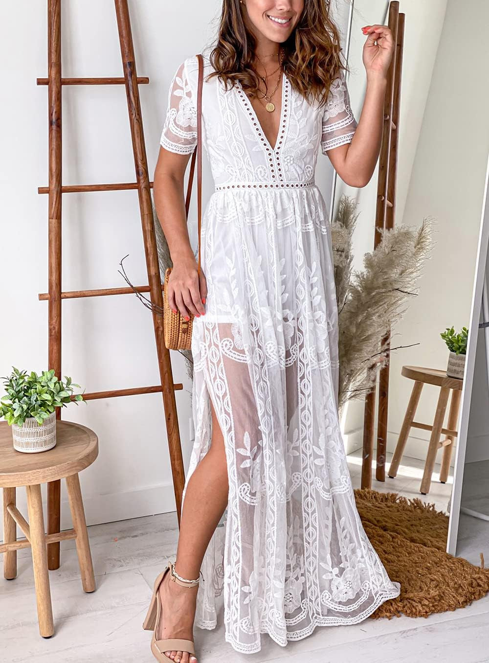 Women'S Deep V-Neck Lace Romper Short Sleeve Long Dress